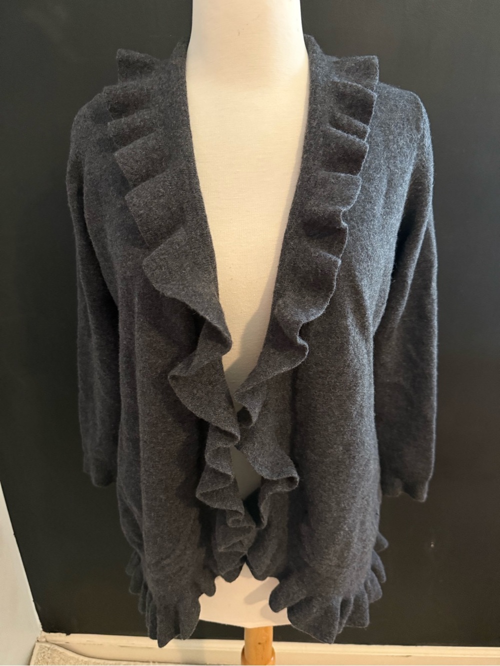 Only Mine Charcoal Ruffle Open-Front Women's Sweater Cardigan Merino Wool